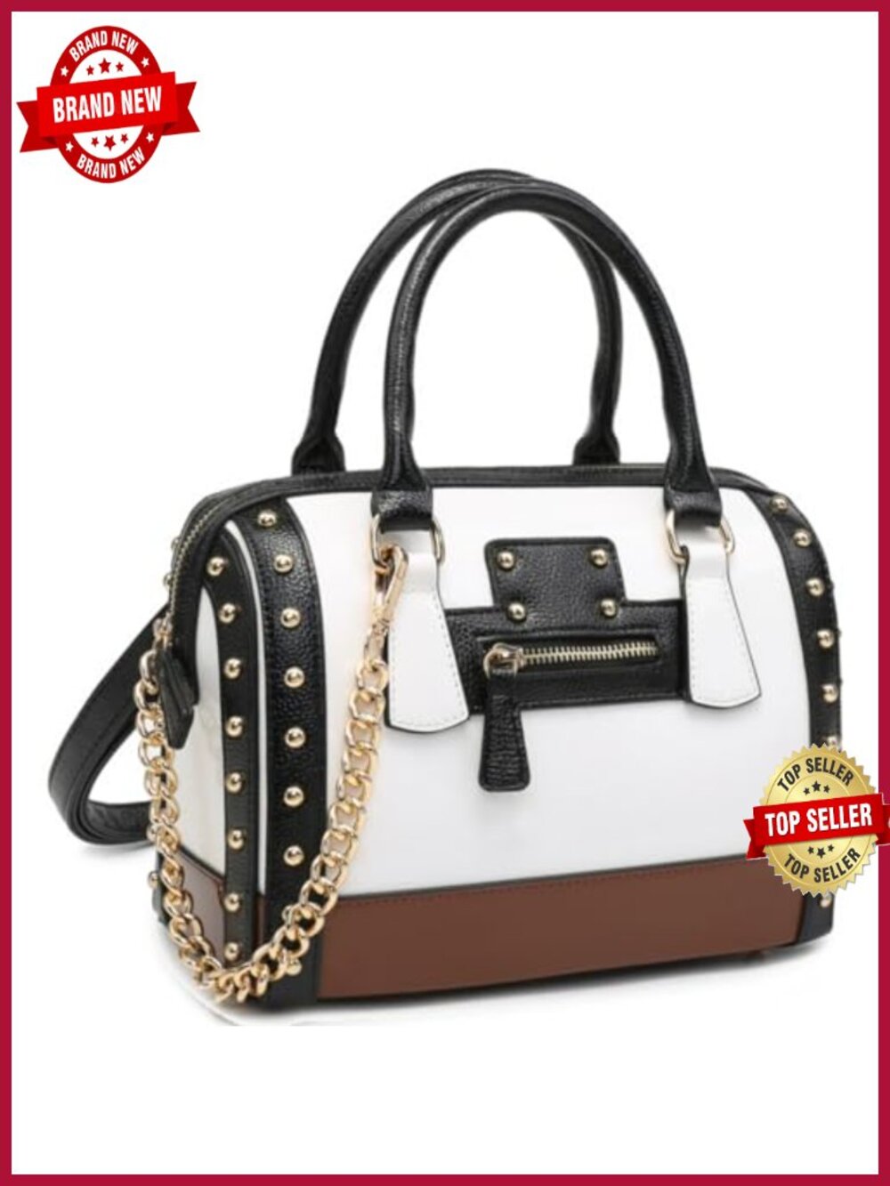 Shiny Patent Faux Leather Barrel Satchel Handbag with Rivet Decoration Top
